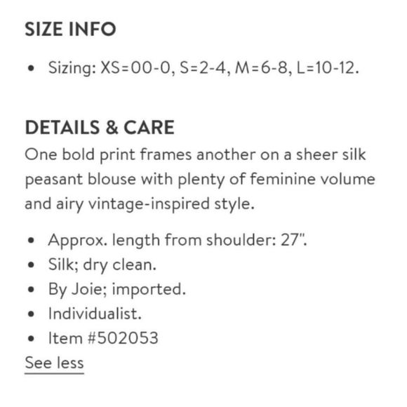 SOLD!!  JOIE Corbelle Printed Silk Peasant Blouse - Picture 6 of 8